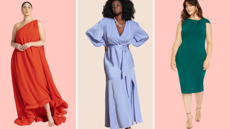 Collage of three women: one wears a red flowing maxi gown, the next is in a periwinkle blue satin gown, and the third is in a knee-length green dress with a knotted shoulder.