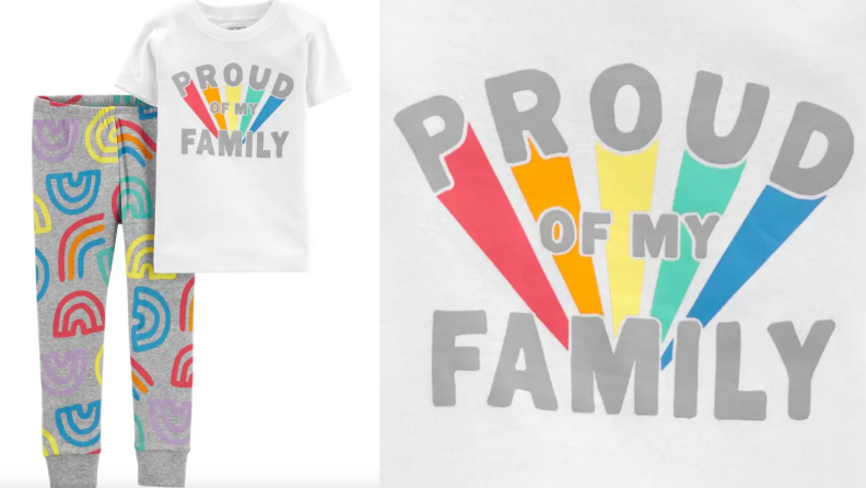 Multi-colored rainbow pajamas that reads "Proud of my family."