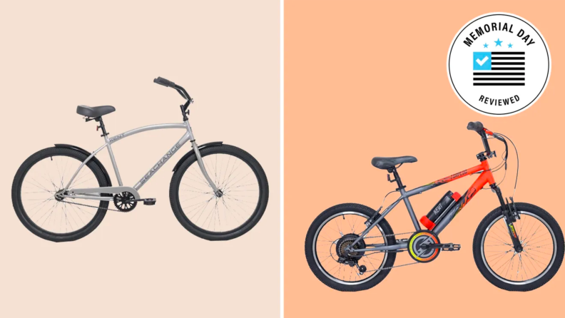 Two images of bikes against an orange background.