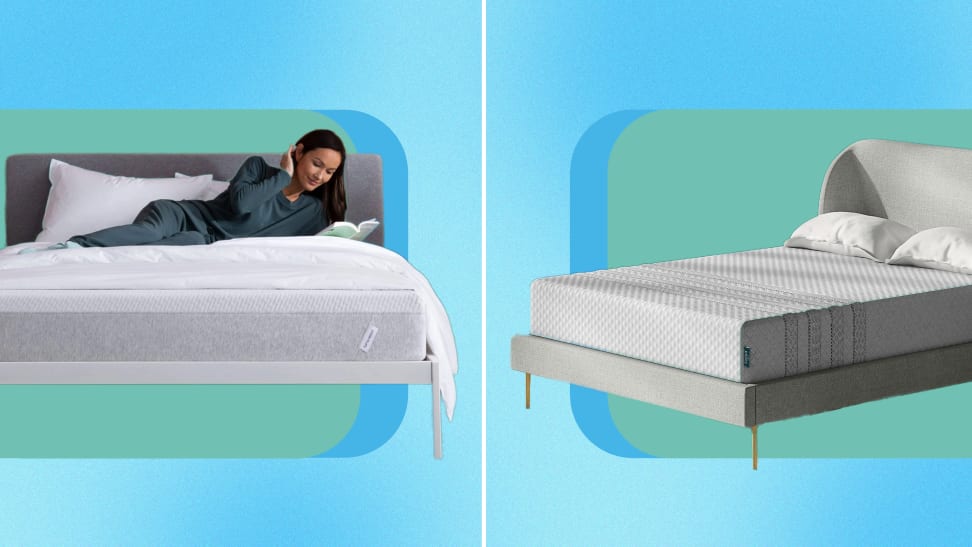 On left, person in pajamas reading book on top of the Tuft & Needle Original mattress. On right, Leesa Sapira Hybrid mattress inside of gray upholstered frame with two pillows on top.