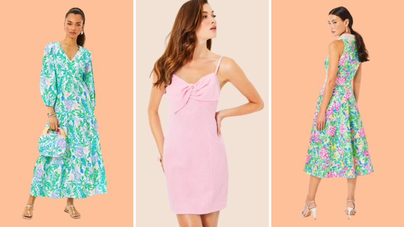 Collage image of three models. One wears a pink midi dress, and two are in floral printed midi dresses.