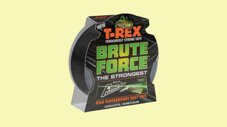 A roll of T-Rex Brute Force tape against a plan yellow background