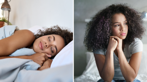 On left, person with curly hair sleeping peacefully in bed on pillow. On right, person with curly hair sitting on bed looks upset while staring into distance.