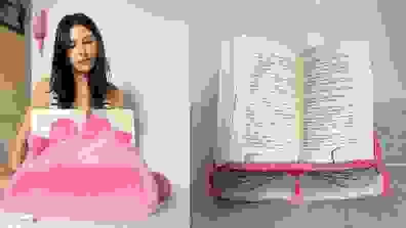 A two panel image: On left a woman reads a book from a Cuddly Reader book stand. On right, a view of the stand with an open book on it