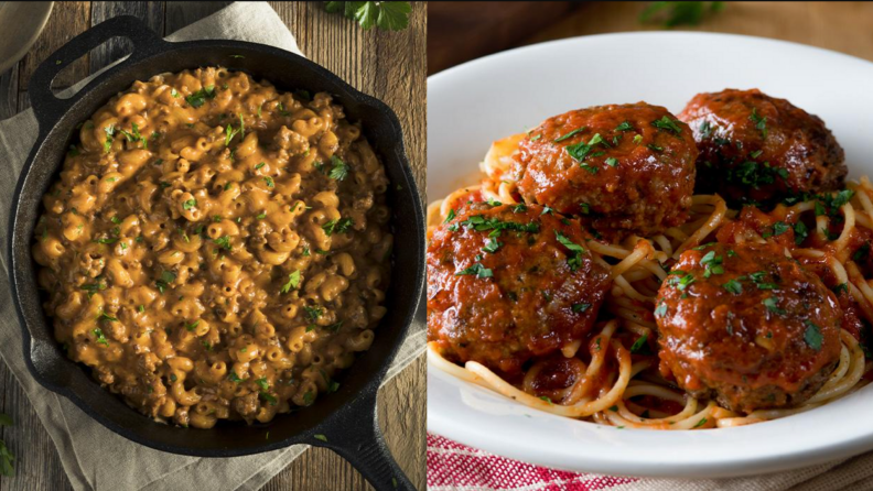 On left, pasta meal in black cast iron pan. On right, spaghetti and meatballs in white dish.