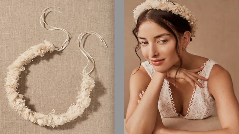 On left, cream floral flower crown. On right, person wearing fabric flower crown in hair.