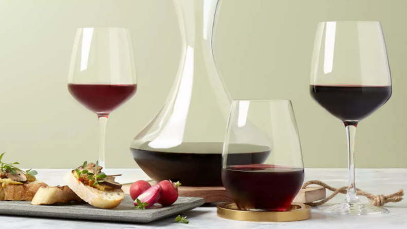 Wine glasses filled with red wine