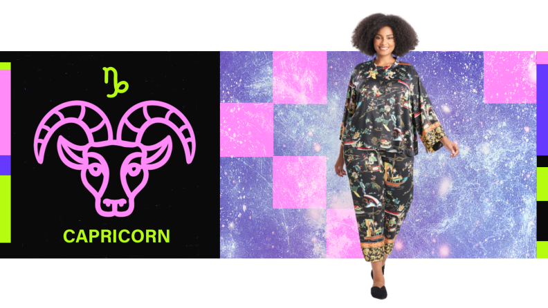 On the left is the symbol for Capricorn, and on the right is a model wearing a silky pajama set with a vibrant print on it.