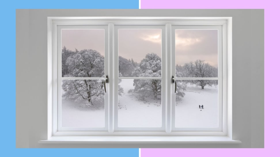 A window with a snowy backdrop on a pink and blue background