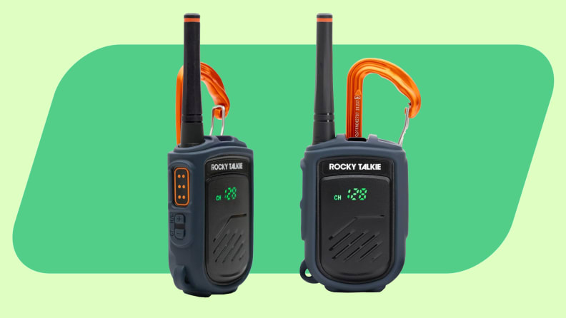 Two Rocky Talkie Mountain Radios on green background
