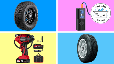 Two different portable air compressors and two different car tires sit on a multi-colored background.