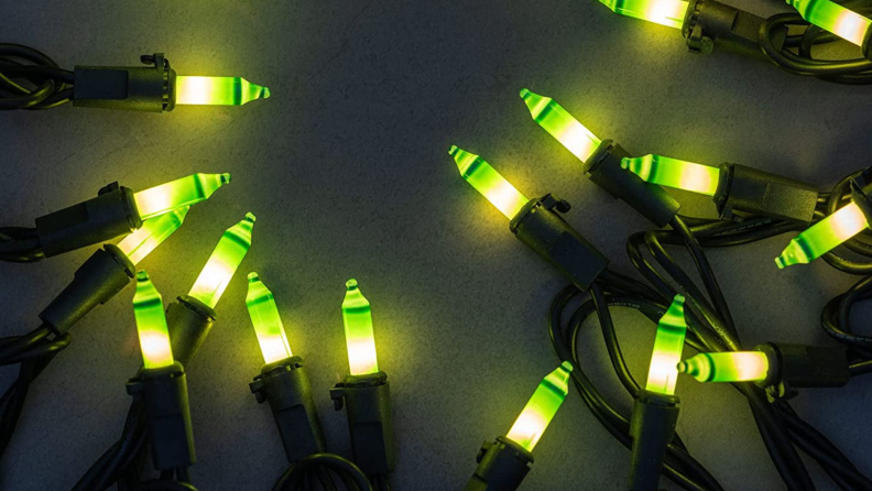 A close-up image of green string lights from Yuletime Inc.