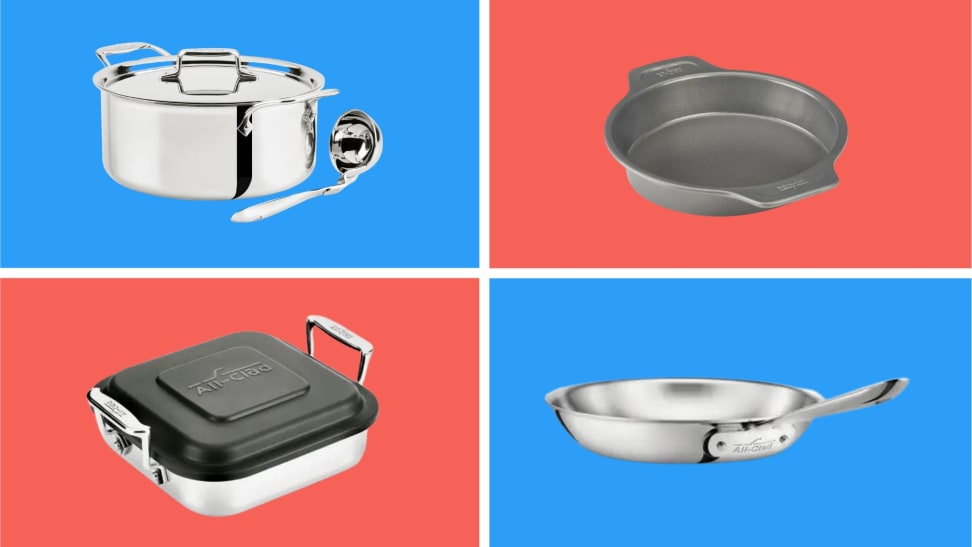 A collage of All-Clad cookware in front of colored backgrounds.