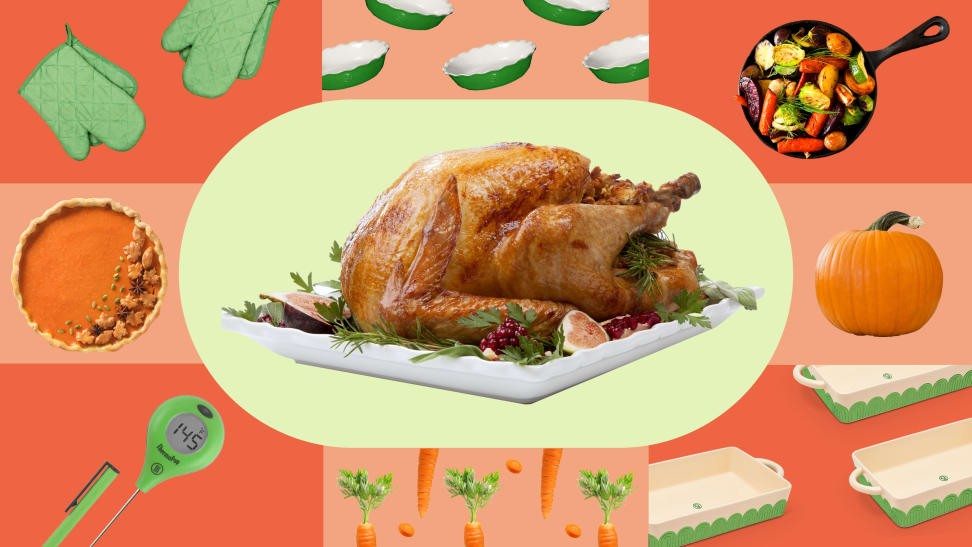 Several Thanksgiving kitchen tools surrounding an image of a cooked turkey, on green and orange backgrounds.
