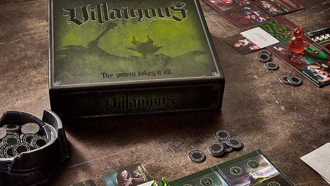 An image of the Disney Villainous board game box laid out over the game pieces.