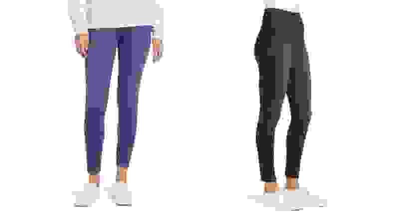 A pair of models are shown from the waist down, each wearing a different style of form-fitting leggings made to resemble denim jeans.