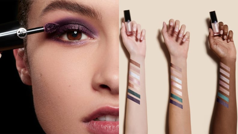On the left: A closeup of a person's right eye with a purple eyeshadow on their eye and a makeup brush against their eyelid. On the right: Three arms of different skin tones showing off swatches of the Armani Beauty Eye Tint Long-Lasting Liquid Eyeshadows in different colors.