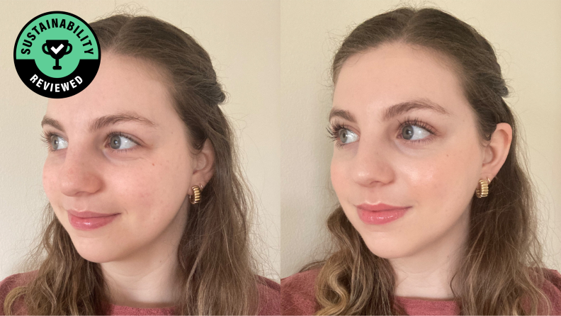 Before-and-after images of a person with and without Ilia makeup on.