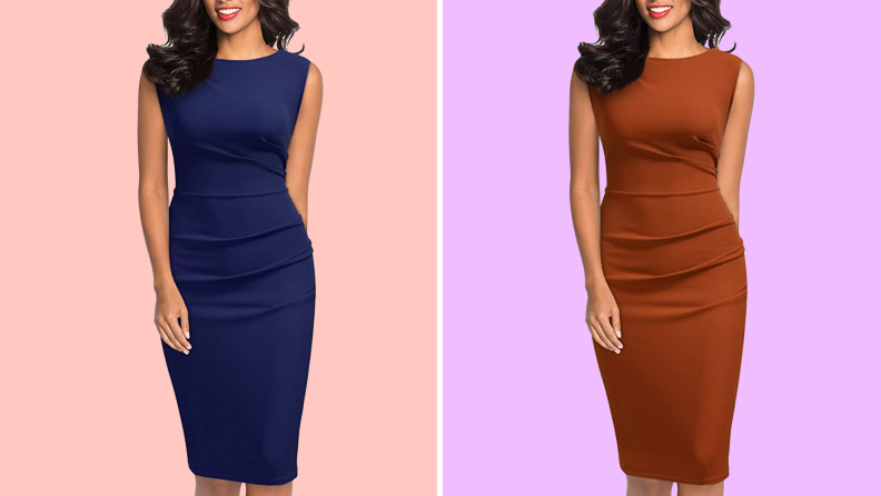 Two images of the same fitted, bodycon dress with a boat neckline; the first in blue, the second in burnt orange.