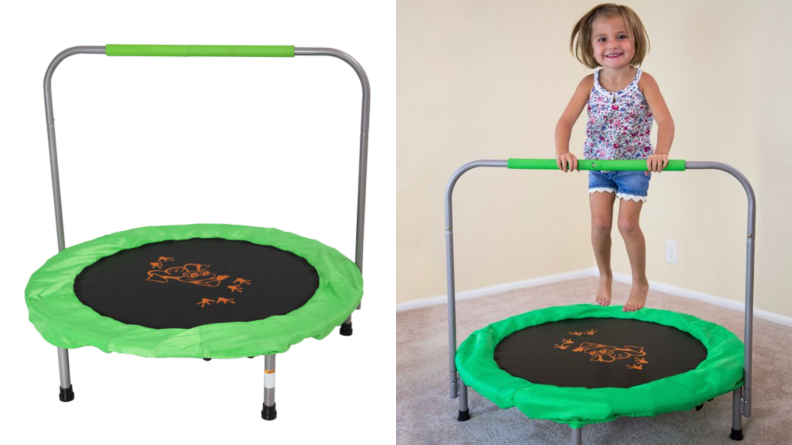 A compact, foldable mini trampoline lets them get their wiggles out.