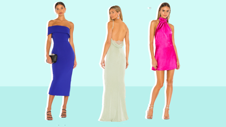 Collage of three Revolve wedding guest dresses: one is a midi length blue dress, one is a white gown, and a pink minidress.