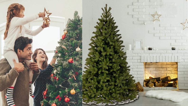 A side by side of two unlit artificial Christmas trees
