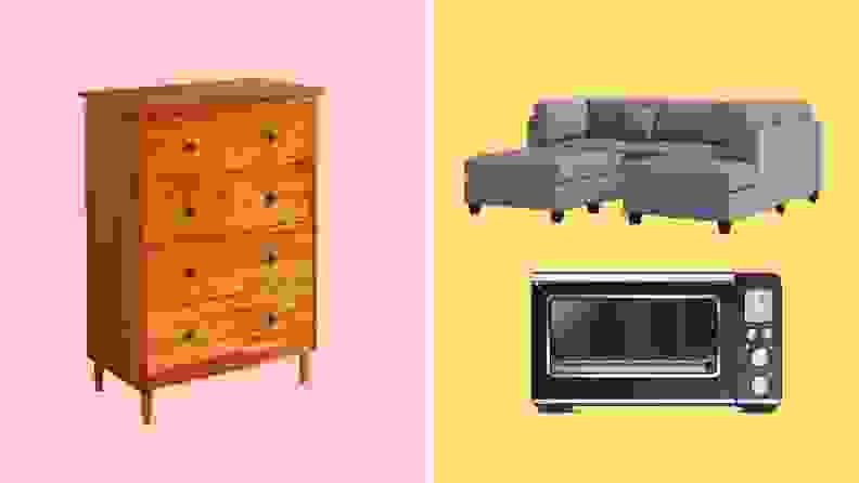 A dresser on a pink background on the left. A sectional above a toaster oven against a gold background on the right.