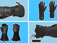 Four different brands of heated gloves on a blue grid background
