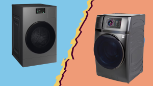 GE Profile Washer Dryer Combo and Samsung Bespoke AI Washer Dryer Combo on ripped paper background