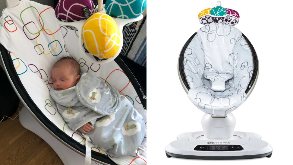 On left, newborn baby sleeping in baby swing. On left, blue and white motion rocker.