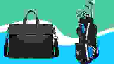 Coach black leather brief bag and golf clubs on a blue, white, green background.