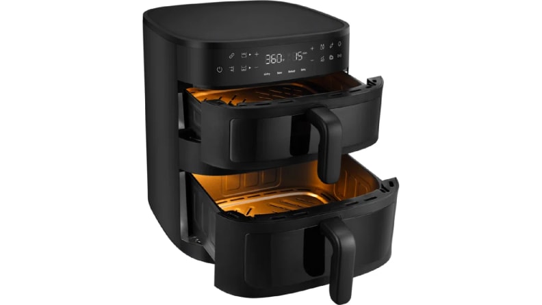 Black Frigidaire DualZone Air Fryer with both baskets open on a white background