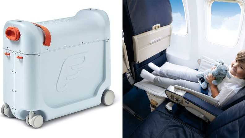 On the left: a small blue hard plastic suitcase with grey wheels. On the right: a young child in an airplane seat that looks like a bed.