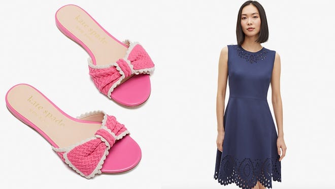 On right, pink slip on sandals. On right, person wearing navy blue dress