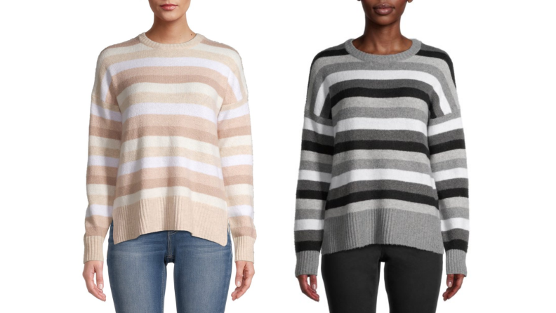 Two images of the same striped sweater in different color variations, one in tan and cream, the other in black and white and gray.