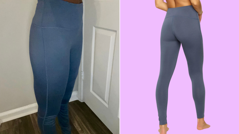 A detail shot of a person wearing navy leggings, and a model wearing the same leggings in gray.
