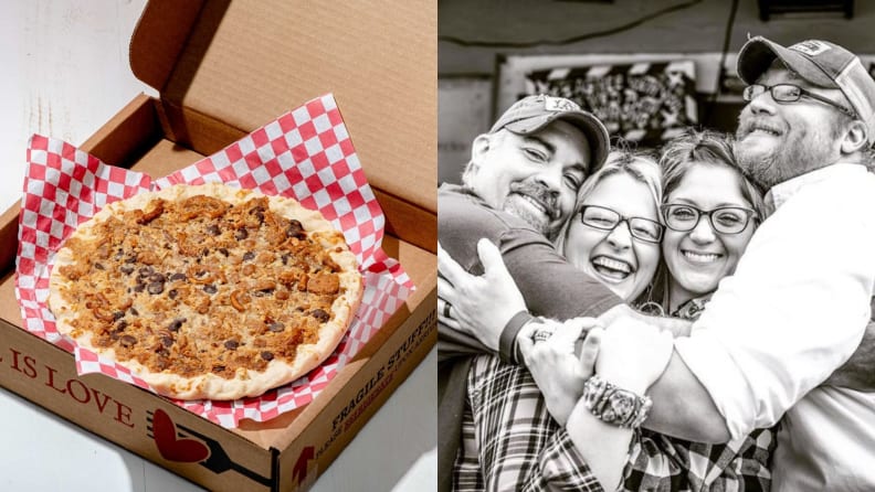 Left: Texas Trash Pie in a cardboard pizza box with red and white checkered paper. Left: A black and white portrait of four members of the Royers family.