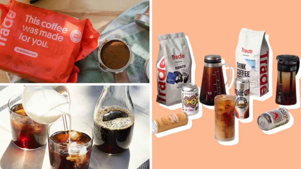 A collage featuring images of various coffee drinks available for purchase at Trade Coffee.