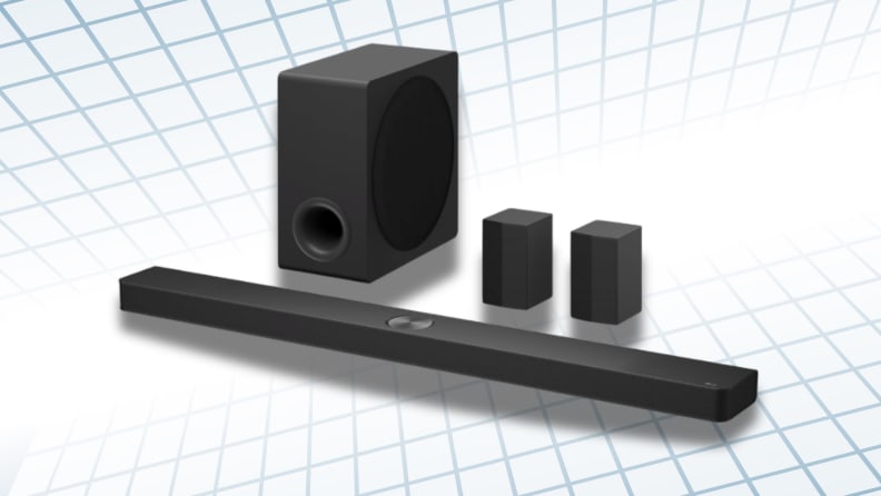 A soundbar, speakers, and subwoofer sit on a graphic background