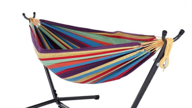 A multicolored freestanding hammock from Havenside Home/Overstock.