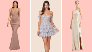 Collage of photos of three women wearing prom dresses at Shein, Unique Vintage, and Calvin Klein.