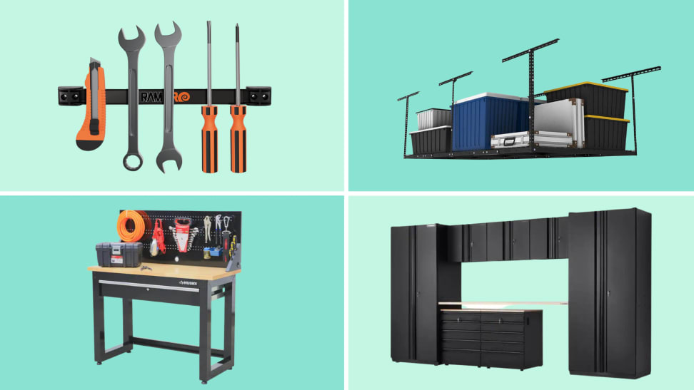 A magnetic tool bar, an overhead storage system, a work bench, and a storage system against a teal background.