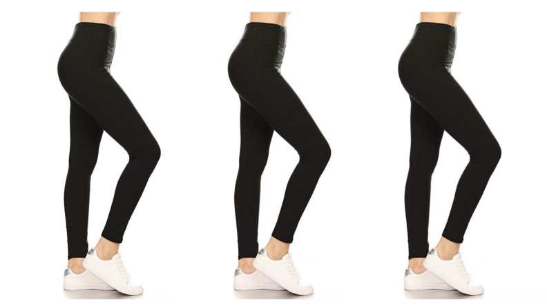 Image of a woman wearing leggings with one knee slightly raised. Image repeated three times.