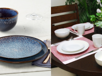 （1）蓝色印刷餐盘。（2）一套桌子上的一套普通的白色餐具。