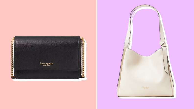 Two Kate Spade purses against pink and purple backgrounds