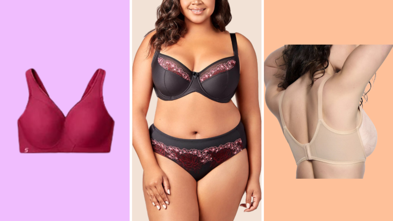 Three bras collaged against a colorful background: The first is a burgundy T-Shirt bra, the second is a black set with magenta lace worn by a model, and the third is a rear view of a nude-colored bra.