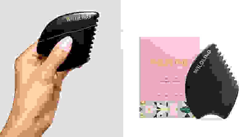 On the left: A person's hand holding the black Wildling Empress Stone in their left hand in front of a grey background. On the right: The Wildling Empress Stone sitting outside of its box packaging on a white background.