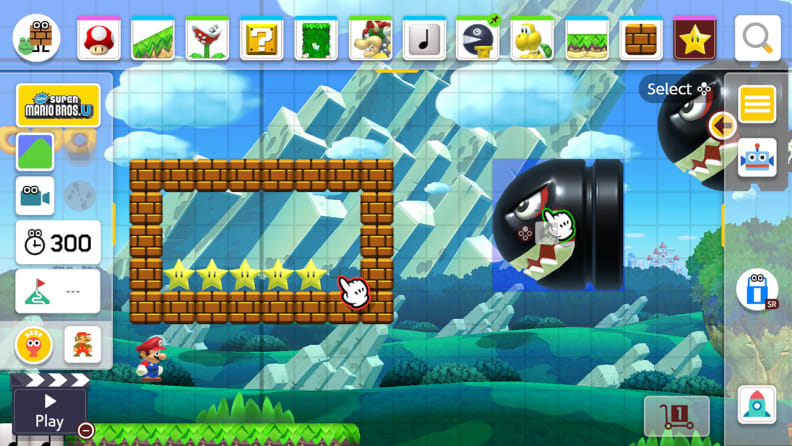 A player is building his own platform level with a Bullet Bill and a bunch of blocks.