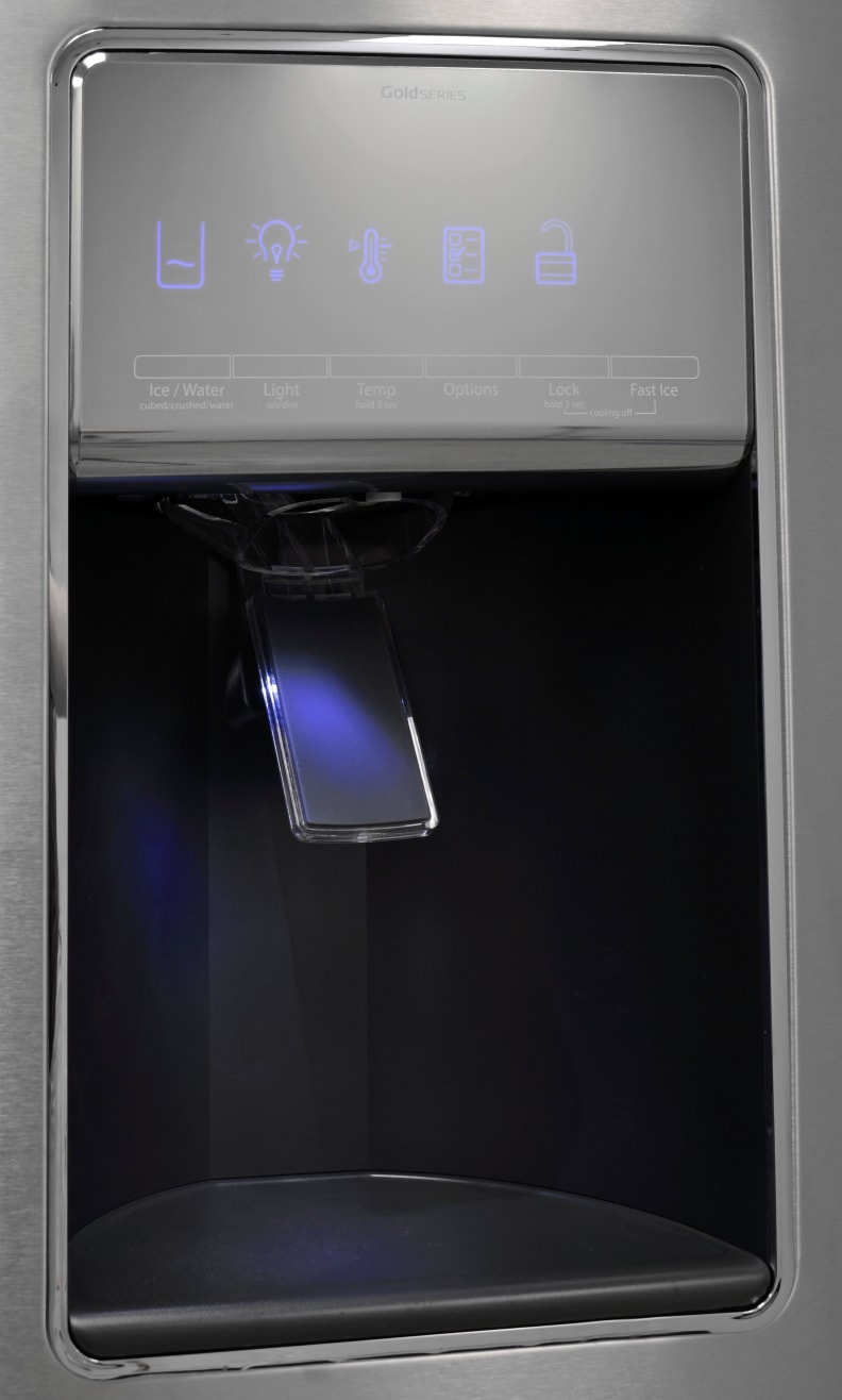 The Whirlpool WRF757SDEM's dispenser nook is tall and deep enough to comfortably accommodate an average water glass.