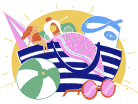 Beach bag overflowing in front of sun